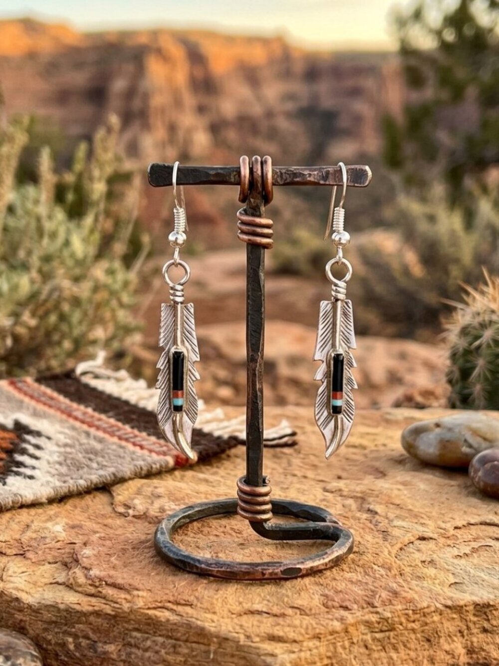 Navajo Freddy Barney Sterling Silver Multi Stone Inlay Feather Dangle Earrings